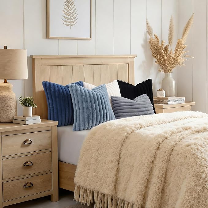 decorUhome Fall Faux Fur Throw Pillow Covers 18x18 Set of 2 Navy Blue | Decorative Soft Cozy Striped Plush Modern Farmhouse Boho Couch Pillow Cases Velvet Back for Sofa Bed Living Room Home Decor