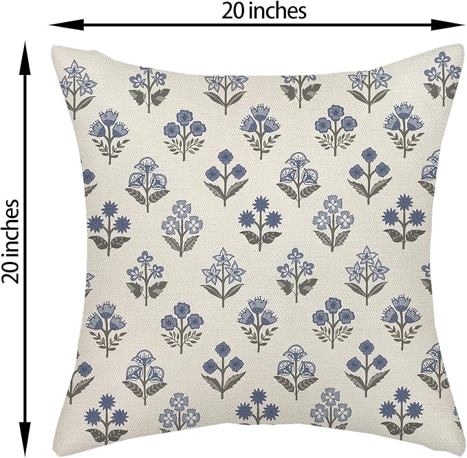 Blue Grey Pillow Covers 20x20 Inch 2 Pcs Gray Block Print Vintage Floral Decor Throw Pillows Boho Flower Spring Summer Outdoor Seasonal Decoration Pillowcase Linen Cushion Cover for Couch Sofa