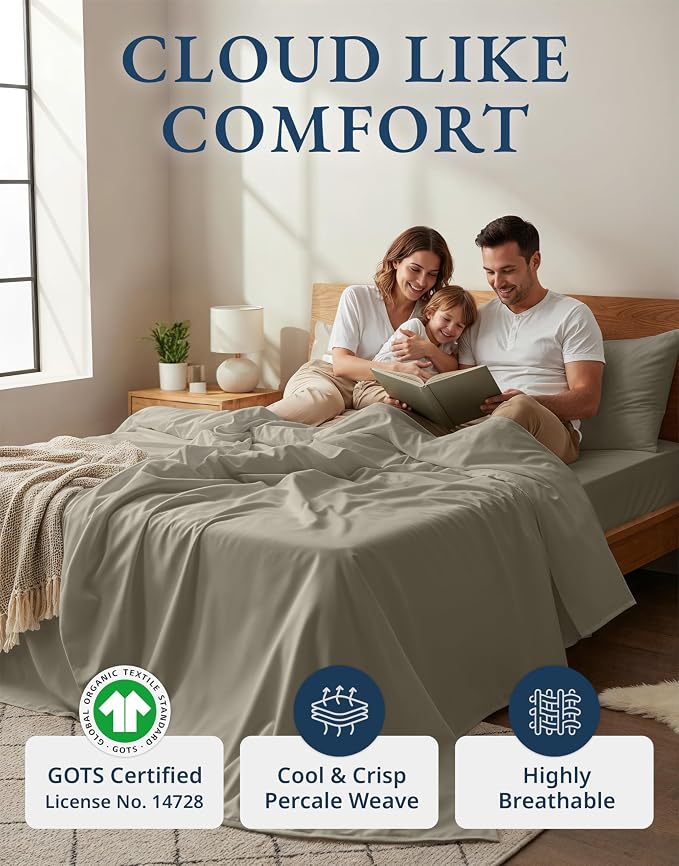 Lane Linen Twin Sheet Set 100% Organic Cotton Cooling Soft 3pc - Silver