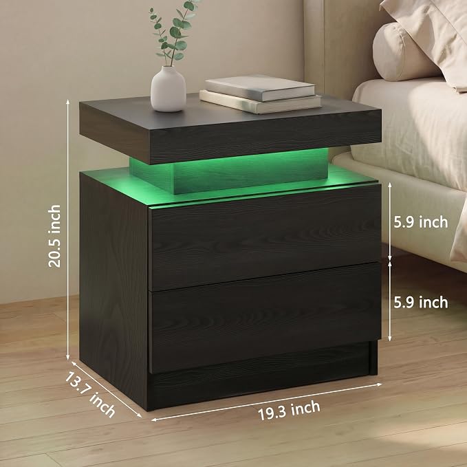 i-aplus LED Nightstand with Wood 2 Drawers Modern Bedside Table for Bedroom | Nightstands with App-Controlled RGB LED Lights, Night Stand with Storgae Drawer, Modern Bedside Table for Bedroom