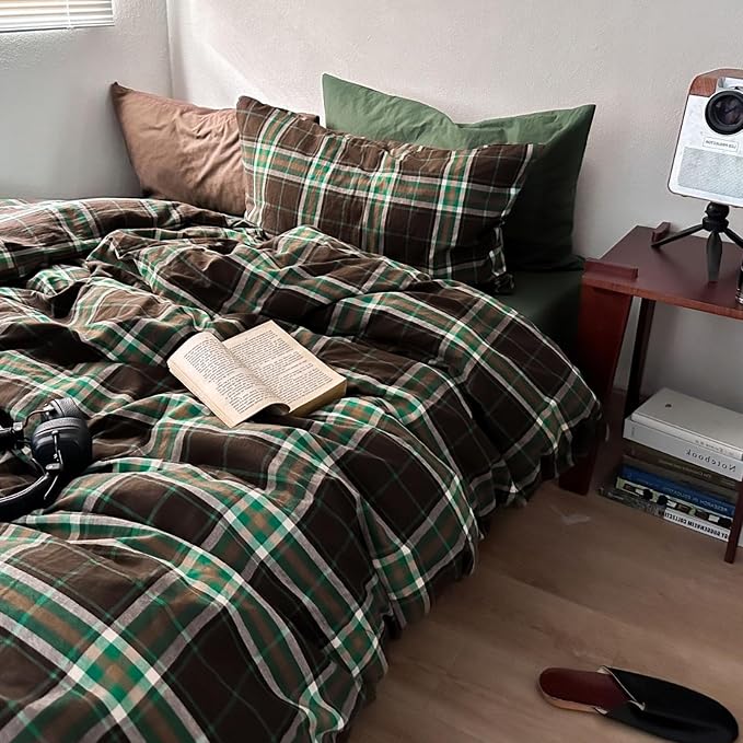 LifeTB Brown Green Plaid Comforter Set Full Size, 3 Pieces Vintage Checkered Pattern Comforter Buffalo Plaid Gingham Comforter Set with 2 Pillowcases, Soft Farmhouse Grid Bedding Set for All Seasons