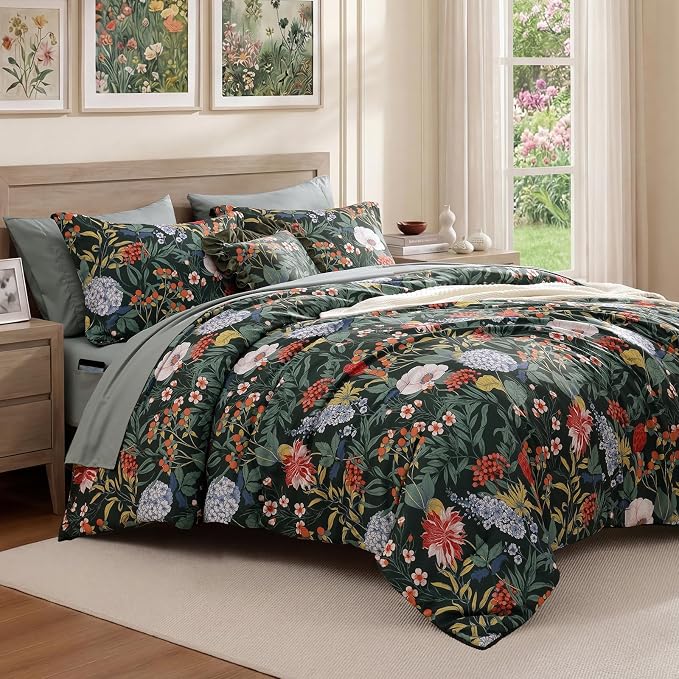 Queen Comforter Set - 7 Pieces Green Floral Bed in a Bag Queen Bedding Sets | All Season Botanical Flowers Comforter Set with Sheets, Pillowcases & Shams