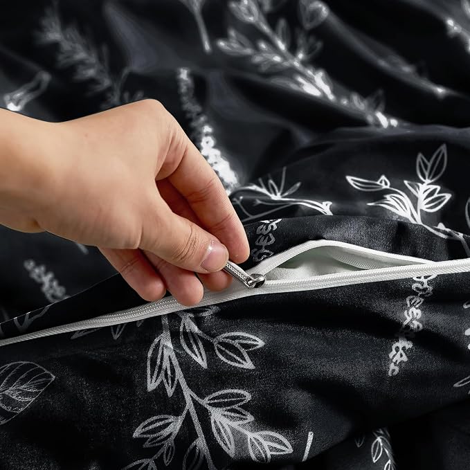 MUXHOMO Duvet Cover Queen Size, Reversible Floral Black Duvet Cover Set with Zipper Closure, 3 Pieces Botanical Patterns Soft Microfiber Bedding Set with 4 Ties (90"x90", 2 Pillow Cases)