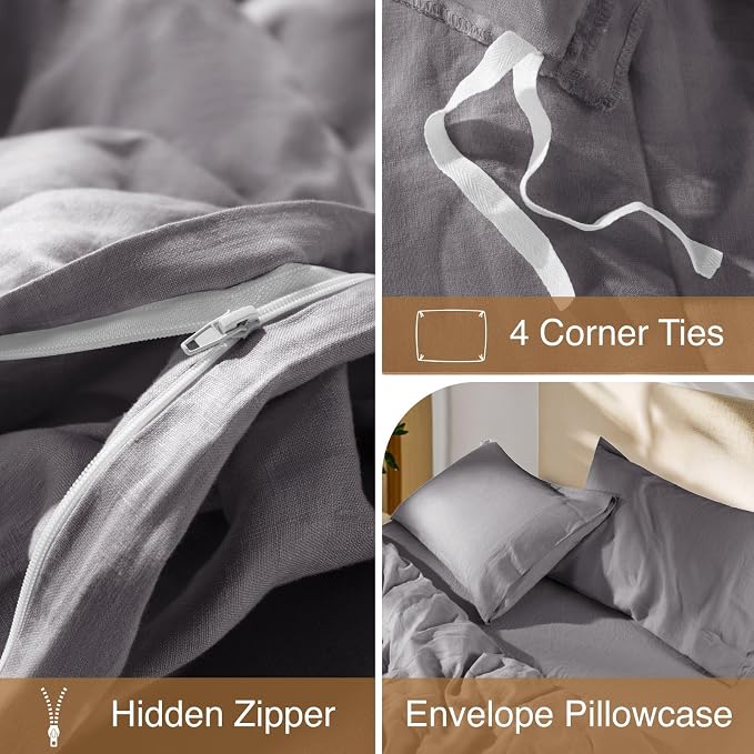 SONORO KATE 100% French Linen Full Duvet Cover Set,Zipper Closure,3PC | Natural French Flax,Soft Breathable for Hot Sleepers,Moisture Wicking & Durable,4 Corner Ties,Dark Grey