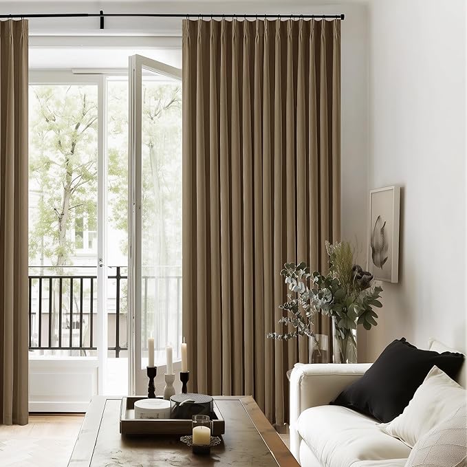 Dutch Cocoa Pinch Pleated Full Blackout Curtains Linen Blend 80 Inches Long | Room Darkening Window Curtains, for Living Room Bedroom, Thermal Insulated, Back Tab Pinch Pleat with Hooks Rings, 2 Panels