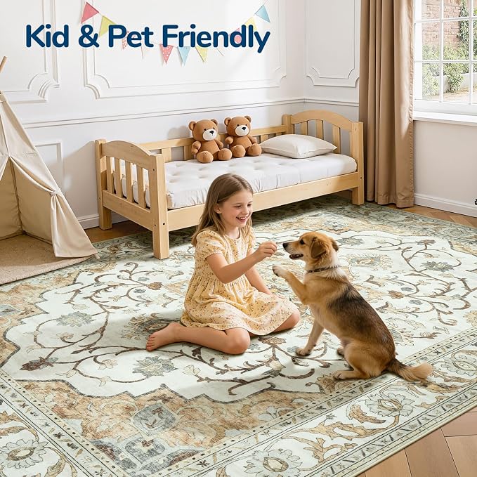 Area Rugs 8x10 for Living Room,Large Washable Carpet Light Beige | Boho & Vintage,Non Slip Backing,Works With All Vacuums,0.25inch Low Pile for Bedroom Dining Room Home Office,Family Friendly