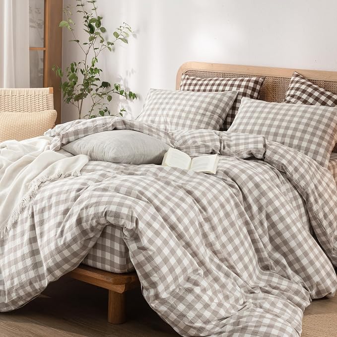 BESTOUCH Gingham Cotton Duvet Cover Set Linen Grey California King | Washed Cotton, Linen Feel, Soft Wrinkle Texture, Hidden Zipper, 8 Ties, Breathable Lightweight Durable Comfy, 3 Pcs No Insert