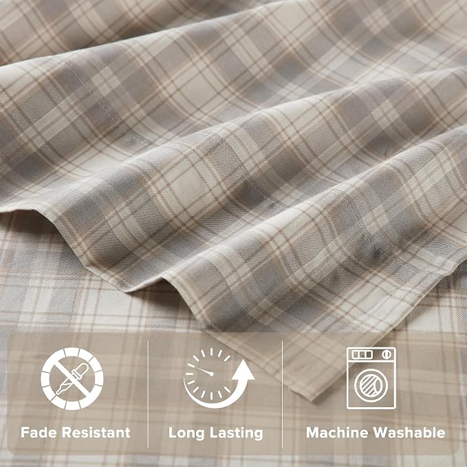 Comfort Spaces 100% Cotton Percale Sheets Full Size 4 Piece, Wesley Taupe | Crisp, Cool & Breathable Bed Sheets, 14" Deep Pocket Fits Up to 16" Mattress, Lightweight, All Season Cozy, with Pillow Case