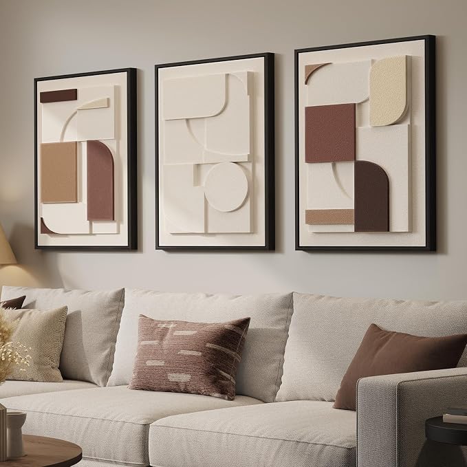 3D Textured Neutral Abstract Framed Wall Art Set of 3, 16x24 In | Wood Frames, Brown and Cream, 3 Piece Sandstone Texture Paintings, Modern Geometric Sculptural Wall Decor Living Room Bedroom