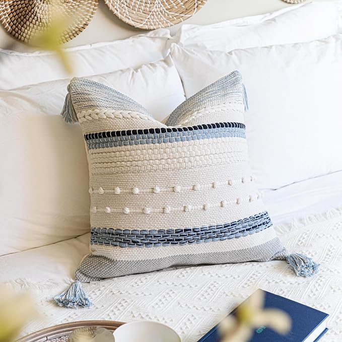 Coastal Blue Boho Decorative Throw Pillow Cover 22x22 Modern Bohemian Accent Pillow Case Square Woven Textured Farmhouse Pillows for Couch Bed (Pack of 1)
