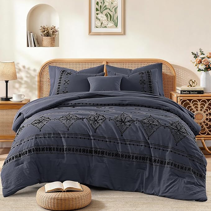 MaiRêve Full Size Comforter Set Embroidery Floral 7 Pieces Bed in a Bag | Crown Blue Boho Farmhouse Bedding Sets with Comforter, Sheets, Pillowcases & Shams