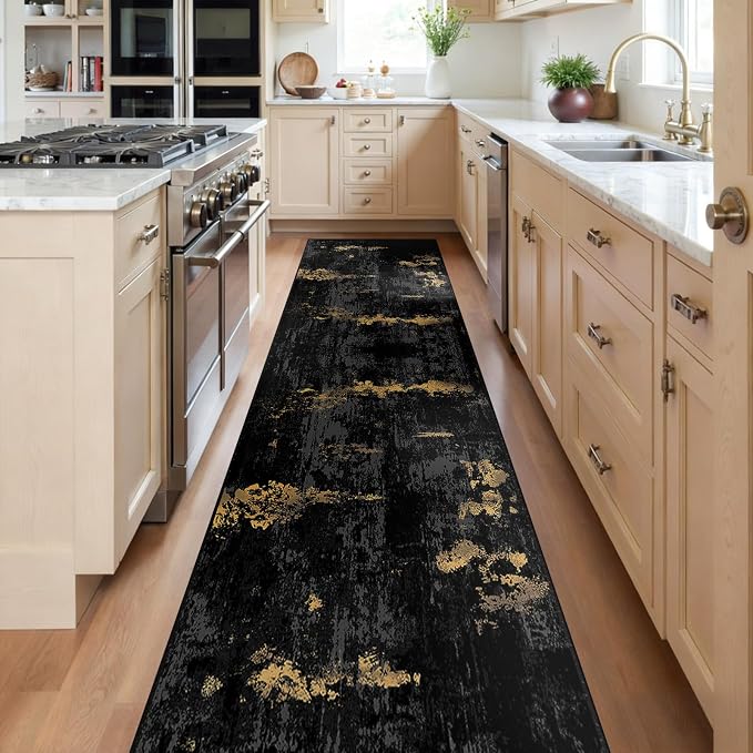 RELEANY Washable Runner 2'x8' Abstract Area Rug for Hallway Black Gold | Carpet for Kitchen, Entryway, Bathroom, Living Room, Bedroom, Printed Pattern, Non‑Slip, Soft, Stain‑Resistant, Easy to Clean