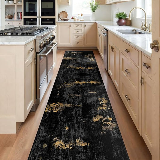 RELEANY Washable Runner 2'x8' Abstract Area Rug for Hallway Black Gold | Carpet for Kitchen, Entryway, Bathroom, Living Room, Bedroom, Printed Pattern, Non‑Slip, Soft, Stain‑Resistant, Easy to Clean
