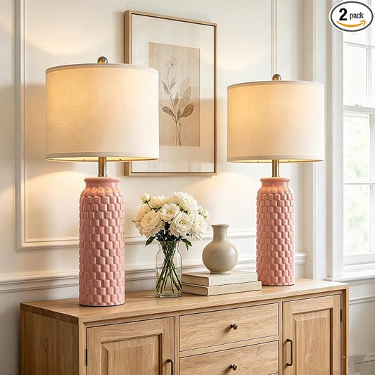 USumkky 27" Ceramic Table Lamps Set of 2 - Modern Farmhouse & Boho Style, Bedside Nightstand Lamps for Bedroom, Living Room End Table Lamps, Small Desk Lamp(Pink)