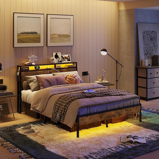 Bestier Queen Size Bed Frame with Headboard, Dual LED Platform Bed Frame with Charging Station, Non-Slip Metal Bed Frame, Noise-Free, Easy Assembly