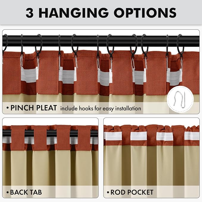 MIULEE Fall 100% Blackout Linen Curtains 42 x 96 Inch Burnt Orange 2 Panels | Thermal Insulated, Room Darkening Drapes for Bedroom Living Room, Back Tab Rod Pocket Pinch Pleated, Solid Luxury Decor