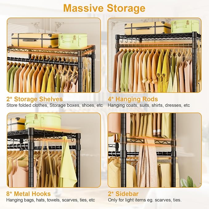 P4 Rolling Clothes Rack, Clothing Racks for Hanging Clothes, Black | Heavy Duty Garment Rack with Wheels, 2-Tier Free Standing Portable Closet Racks 35.5''W × 20.5''D × 80.5''H, Max Load 560Lbs