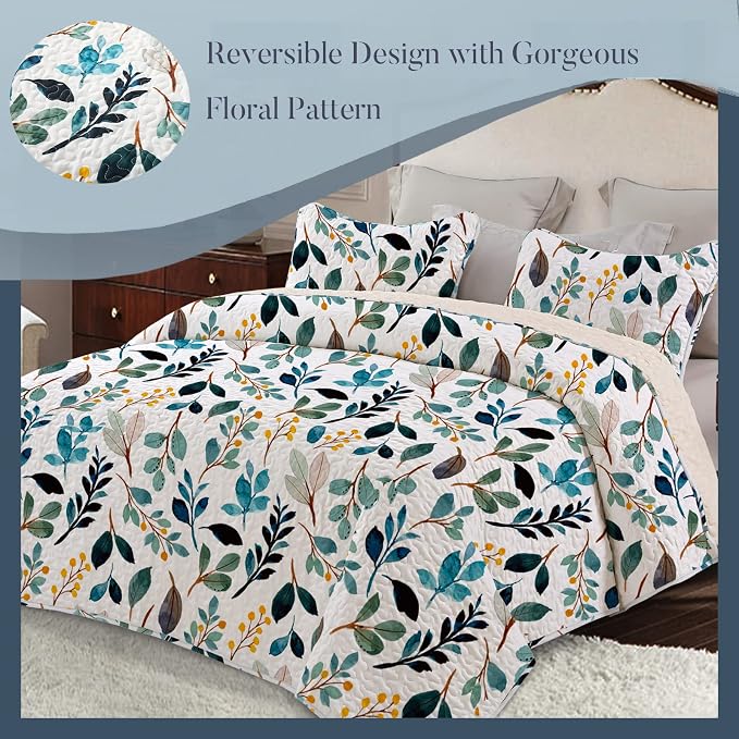 Whale Flotilla Patchwork Quilts Queen Size, Extra Soft Floral Bedspreads | Reversible Lightweight Full Queen Quilt Bedding Set for Bed, White Green Printed Coverlets, 2 Pillow Shams for All Seasons