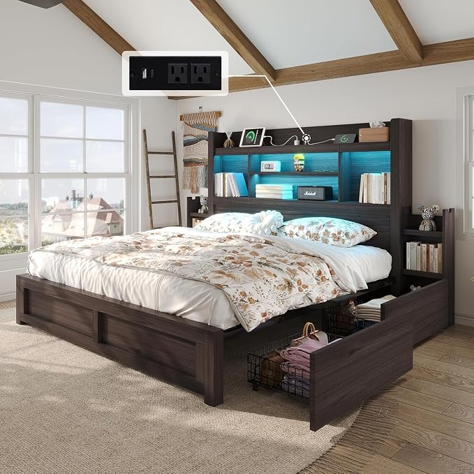 LUXOAK California King Bed Frame with Storage, Bookcase Headboard,Black | 49.6" Headboard, Wood Platform Bed, Charging Station, Bedside Storage, 4 Storage Drawers, No Box Spring Needed, Farmhouse