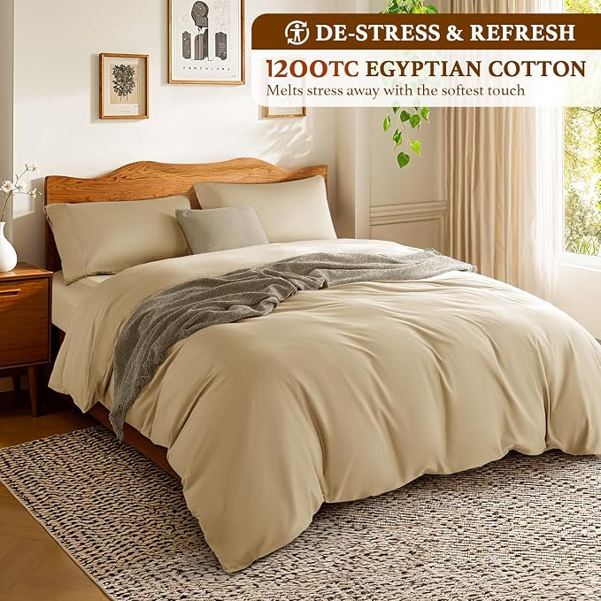 DEITAS 100% Cotton King Duvet Covers 3 Piece,1200 Thread Count，Beige | Luxury Egyptian Cotton Comforter Cover With Zipper Closure, Ultra Cooling Breathable, Hotel Bedding Duvet Covers