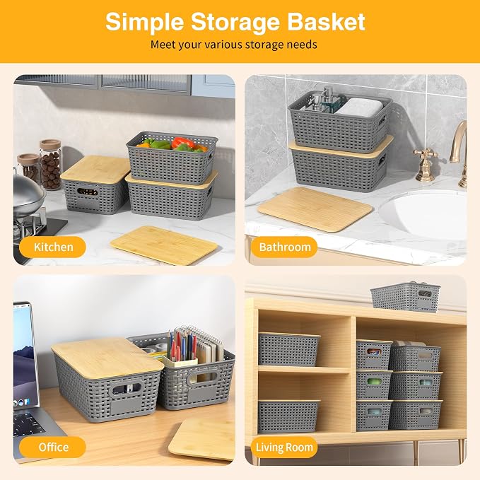 6 Pack Plastic Storage Baskets,Gray bamboo lid storage Box | Labels, Stackable, For Organizing Shelves Pantry Drawers Desktop Closets Organizing Desktop Closet Playroom Classroom