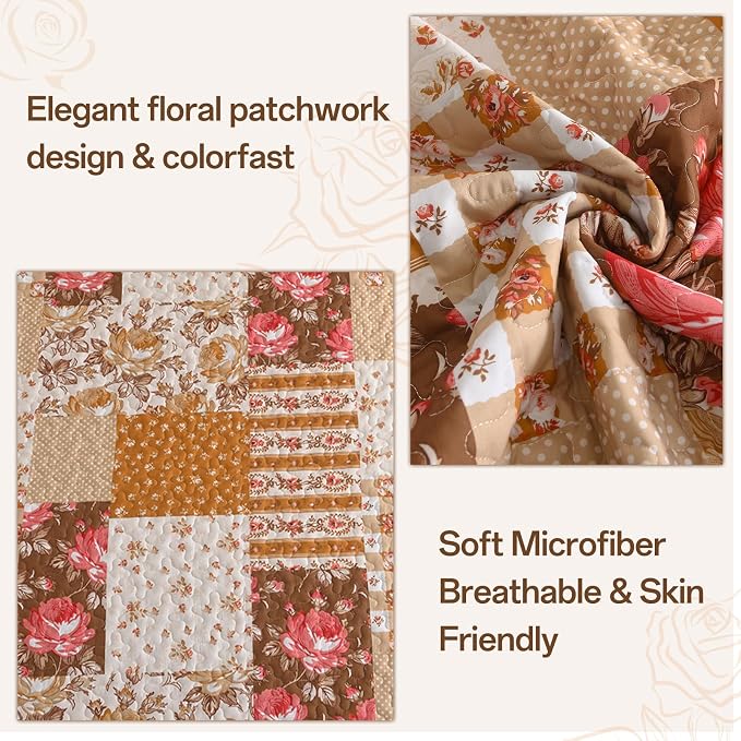 Quilt Set Queen Size, Brown Orange Patchwork Fall Bedding Set | Farmhouse Floral Plaid Bedding Set with Red Flower Pattern, 3 Pieces Soft Microfiber Reversible Bed Cover for All Season