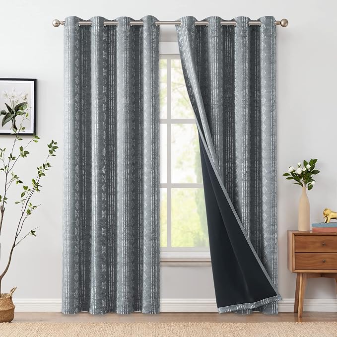 jinchan Boho Blackout Curtains 90 Inches Long for Bedroom Living Room | White on Grey Geometric Printed Grommet Curtains Room Darkening Thermal Insulated Window Treatments 2 Panels