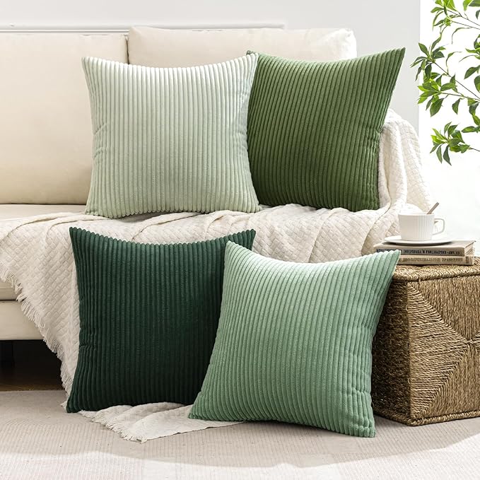 MIULEE Soft Corduroy Decorative Throw Pillow Covers Forest Green 20x20 | Set of 4, Mordern Nordic Home Decor, Gradient Color Matching, Boho Farmhouse Cushion Covers for Couch Bed Sofa Living Room