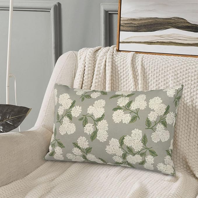Grey Spring Pillow Covers 12x20 Inch 2 Pcs Gray Green Hydrangea Flower Decor Throw Pillows Vintage Floral Seasonal Summer Outdoor Decoration Pillowcase Linen Cushion Cover for Couch Sofa
