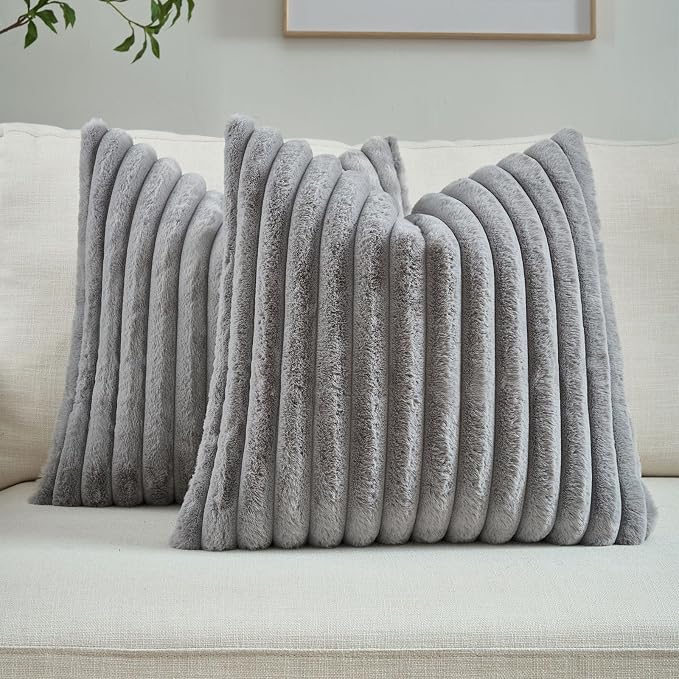FUTEI Pack of 2 Faux Fur Throw Pillow Covers 24x24 Inch, Grey | Fluffy Faux Rabbit Fur Front/Premium Velvet Back,Hidden Zipper,Machine Washable,Non-Shedding,Colorfast,Insert Not Included.