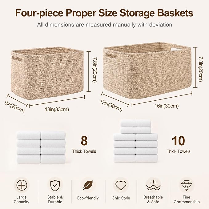 OIAHOMY 4 Pack Storage Baskets for Organizing 15L Cube Storage Bins Blue | Woven Baskets for Storage Rectangle Small Baskets With Handles Baskets for Shelves Wicker Baskets for Shelves 12.7x9x7.8inch