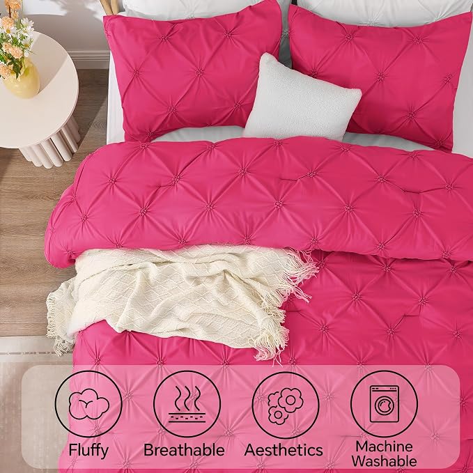 BEDELITE Twin Comforter Set Hot Pink,Lightweight & Soft Comforter | Pintuck Boho Bedding, Warm & Cute Bed Set for All Season,With 1 Pillowcase