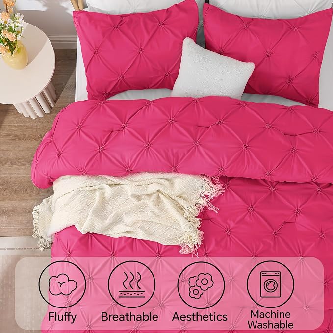 BEDELITE Queen Comforter Set Hot Pink,Lightweight & Soft Comforter | Pintuck Boho Bedding, Warm & Cute Bed Set for All Season,With 2 Pillowcases