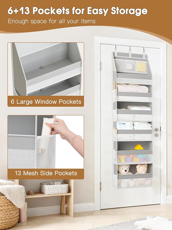 2 Pack Over The Door Organizer, Heavy-Duty 6-Shelf Hanging Storage with 13 Mesh Pockets, 55lbs Capacity Behind The Door Storage for Nursery, Bathroom, Bedroom, and Dorm, Grey