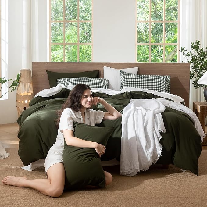 MooMee Duvet Cover Set 100% Washed Cotton Linen Like Queen | Relaxed Linen-like Texture. Soft, Breathable & Long-lasting Comfort. Lightweight. Hidden Zipper with 8 Interior Corner Ties