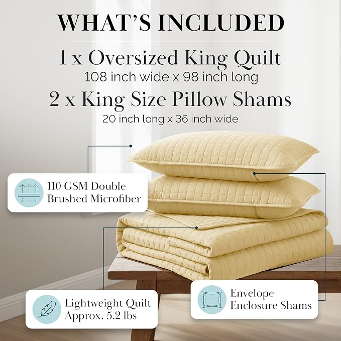 Southshore Fine Living, Inc. King Quilt Bedding Set, Soft, Lightweight Quilt, King Size Coverlet Sets with Shams, Pet Hair Resistant Bedding, Quilted Bedspread with 2 Pillow Shams, Gold Quilts