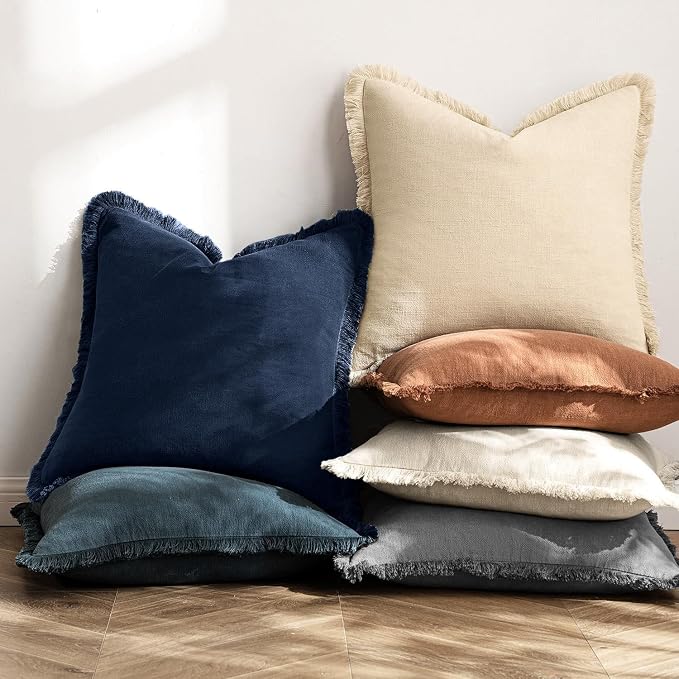 MIULEE Boho Linen Fringe Decorative Throw Pillow Covers Dark Navy 16x16 | Set of 2, Cottagecore Decor, Boho Farmhouse Coastal Pillow Covers, Rustic Couch Cushion Cases for Sofa Bed Living Room