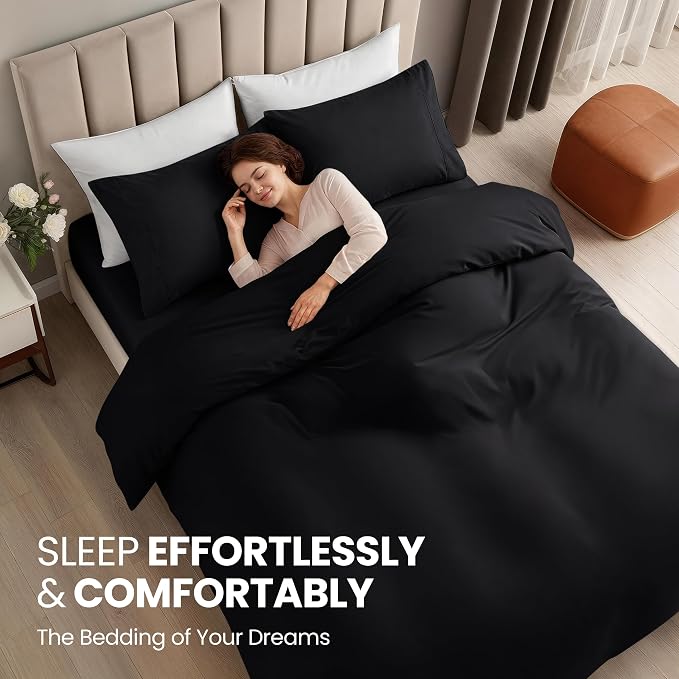 Utopia Bedding 4 Piece Bedding Set - 1 Fitted Sheet (60x80), 1 Duvet Cover Queen Size, 2 Pillow Case Standard - All Season Luxury Bed in a Bag with Zippered Queen Duvet Cover - No Comforter (Black)