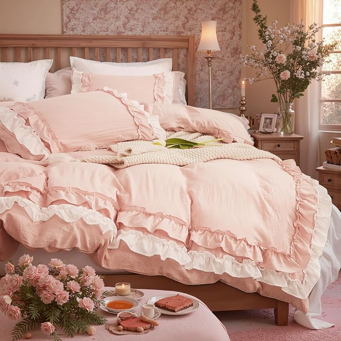 Bedorm Ruffle Duvet Cover Twin Coquette Bedding Ultra Soft Breathable Shabby Chic Bedding Pink Ruffled Duvet Cover Set Cute Comforter Cover