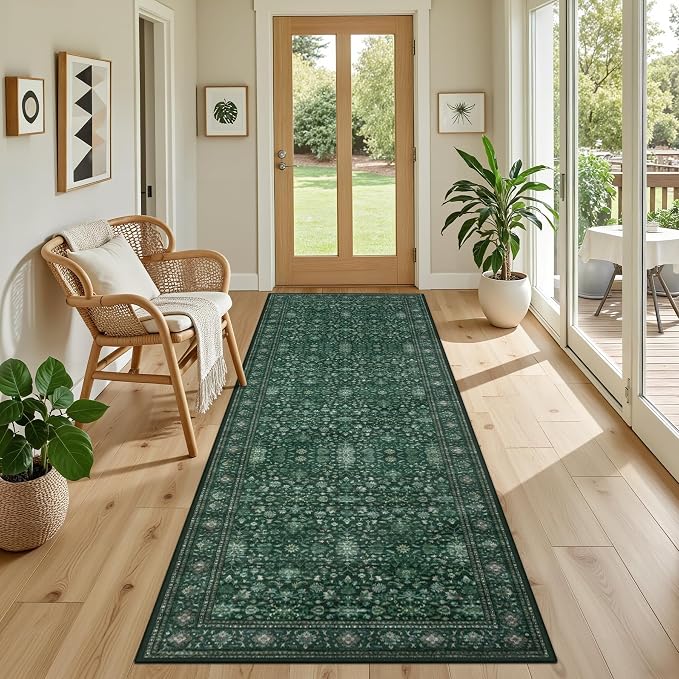 Hallway Runner Rug: 2.6x8 Kitchen Rugs for Living Room Deep Green | Runner Rug Hallway Washable Rug No Slip Soft Bedroom Rug Indoor Floor Stain Resistant Carpets for Entryway, Laundry, Bathroom