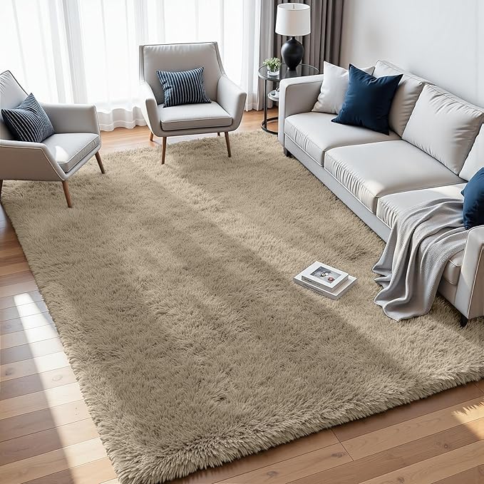 8x10 Fluffy Shag Area Rugs for Living Room Bedroom: Soft Carpet Gray Camel | Upgraded Non-Slip Thick Memory Foam, Ultra Soft, Non-Shedding Fuzzy Carpet, Easy Clean Decor for Kids Room, Nursery, Playroom