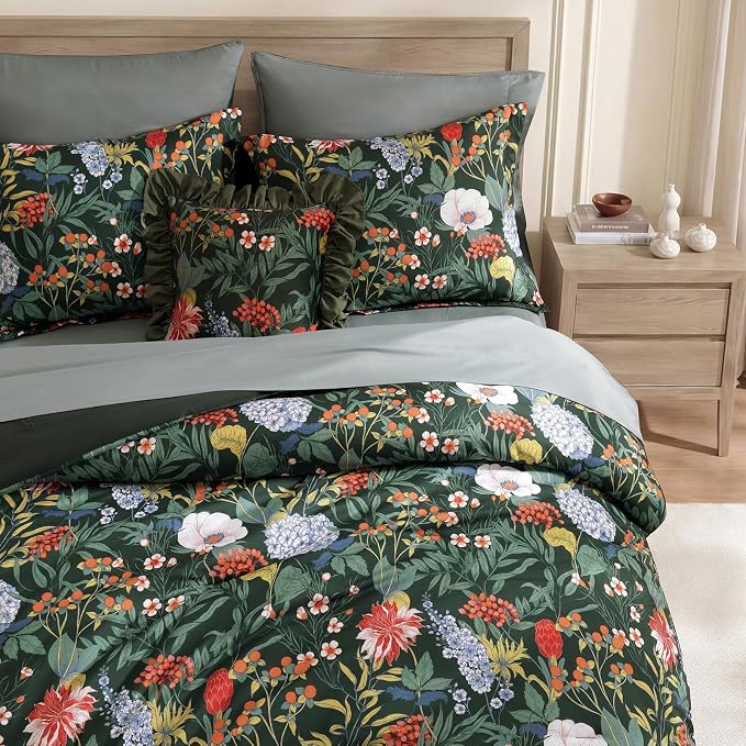 Queen Comforter Set - 7 Pieces Green Floral Bed in a Bag Queen Bedding Sets | All Season Botanical Flowers Comforter Set with Sheets, Pillowcases & Shams