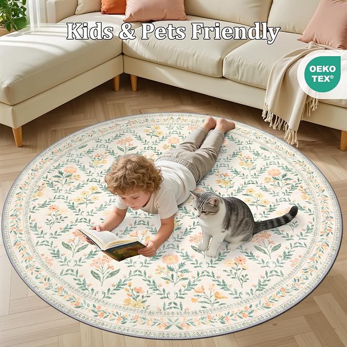 PLHXFR Round Area Rug Living Room: 6 ft Floral Washable Carpet Beige Multi | For Bedroom Dining Room Farmhouse Nursery Hallway,Vintage Floral,Machine washable,Non Slip,Stain Resistant,Large Indoor