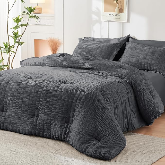 HYMOKEGE California King Comforter Set Seersucker 7 Pieces, All Season Luxury Bed in a Bag for Bedroom, Bedding Set with Comforters, Sheets, Pillowcases & Shams, Dark Grey