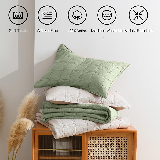 HORIMOTE HOME 100% Cotton Quilt Set King Size, Sage Green Pre-Washed Bedspreads Coverlet Set in Geometric Pattern, Cozy Lightweight Stitching Decorative Bedding Cover with 2 Shams for All Season