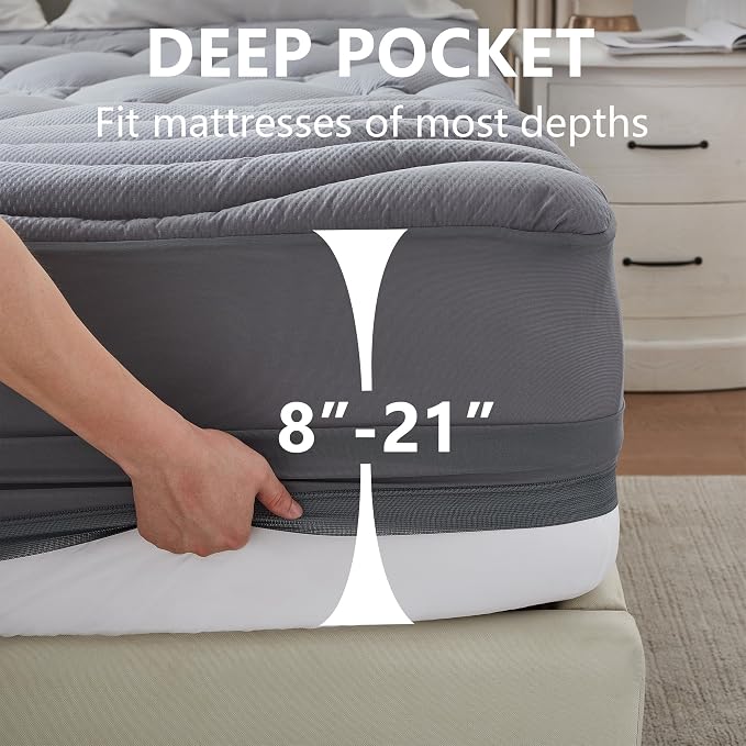 ELVEN HOME Full Size Mattress Pad Waterproof, Cooling Mattress Topper for Double Bed, Pillow Top Quilted Fitted Mattress Protector Cover with 8-21" Deep Pocket (54x75 inch, Grey)