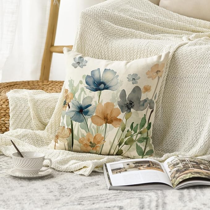 AVOIN colorlife Chinoiserie Poppy Flowers Throw Pillow Cover 18x18 Inch | Light Brown Blue Seasonal Leaves Cushion Case Decoration for Sofa Couch Farmhouse