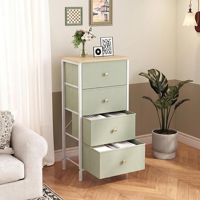 DUMOS Night Stand with 4 Drawers, Bedside Table for Bedroom | Nightstand with Removable Fabric Bins, Steel Frame with Wood Top, Small Storage Tower for Bedroom Closet, Light Green