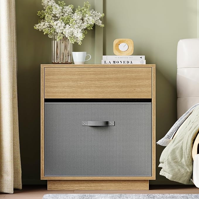 TEENFON Night Stand with Drawer, Nightstand with Metal Slide, Nightstands Bedside Table with Removable Fabric Drawer, Night Stands for Small Space, Bedroom, Natural