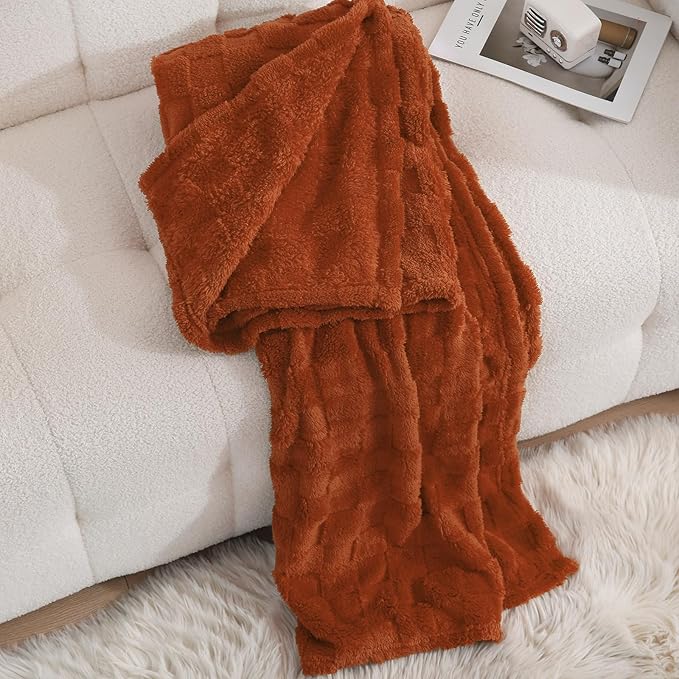 Burnt Orange Fleece Throw Blanket 50”×60”Checkered Design for Sofa | Super Soft Cozy Plush Microfiber 3D Square Pattern Flannel Blanket for Couch bed Lightweight for Adults,Women